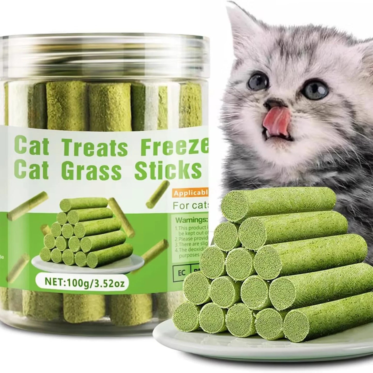 16-Pack Freeze-Dried Cat Grass Sticks, Natural Teething Chews for Hairball Control, Dental Cleaning & Healthy Cat Treats.