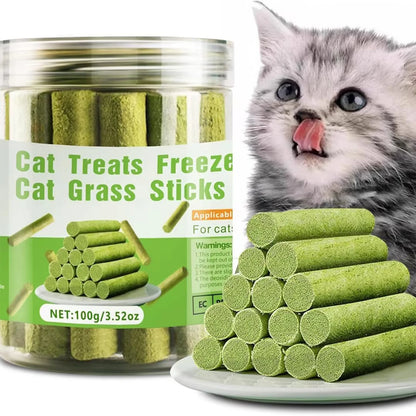 16-Pack Freeze-Dried Cat Grass Sticks, Natural Teething Chews for Hairball Control, Dental Cleaning & Healthy Cat Treats.