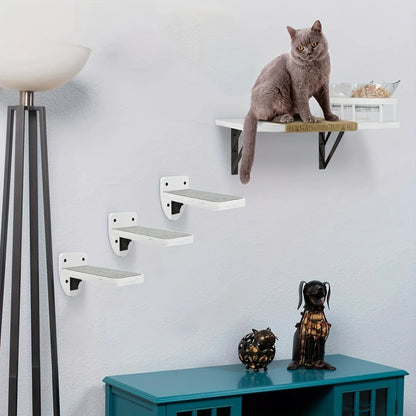 Cat Wall Shelves Set – 3-Step Climbing Shelves with Cat Hammock, Perches, Plush Cove & Dual Food Shelves for Indoor Cats.