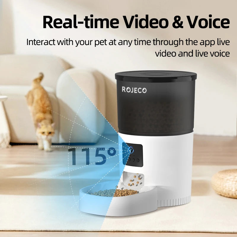 ROJECO Automatic Pet Feeder with Camera – Smart Video Food Dispenser with Voice Recording & Remote App Control for Cats & Dogs.