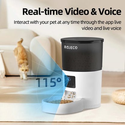 ROJECO Automatic Pet Feeder with Camera – Smart Video Food Dispenser with Voice Recording & Remote App Control for Cats & Dogs.