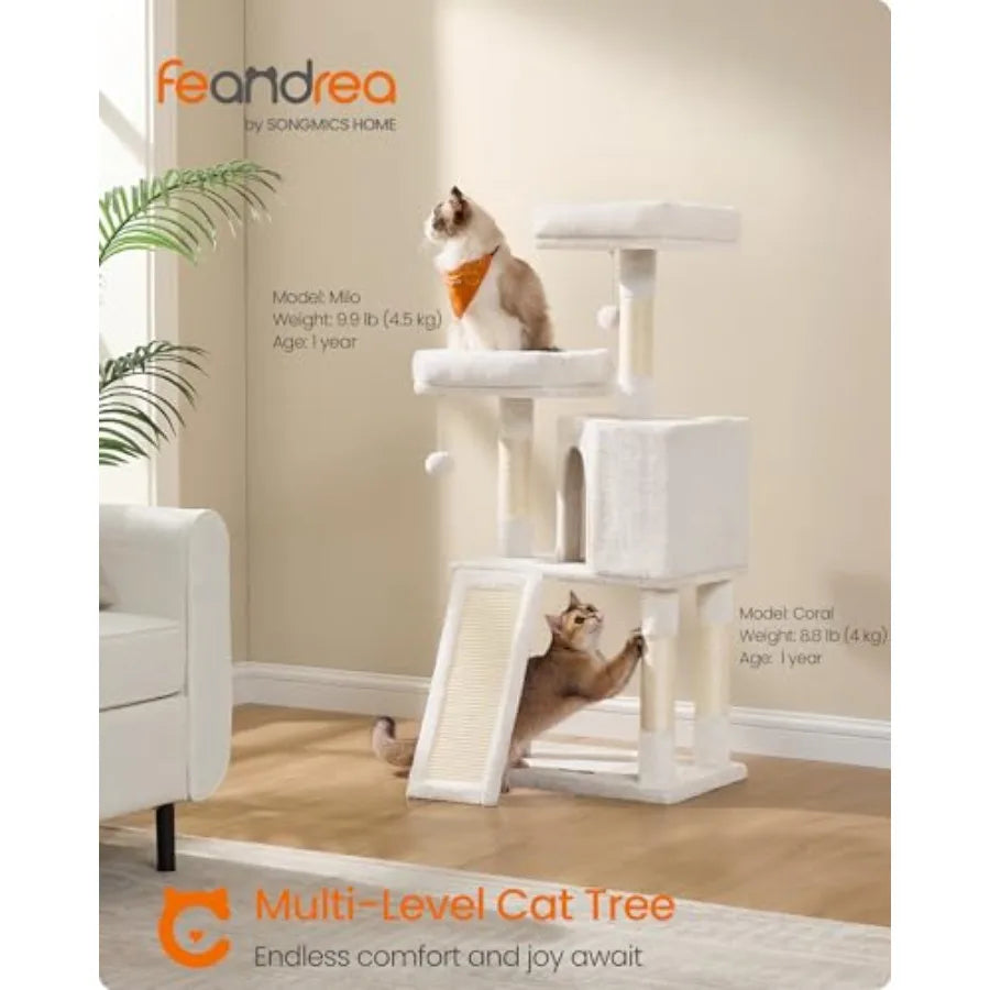 45.3-Inch Cat Tree Tower – Plush Cat Condo with Scratching Posts, Ramp, Perch & Spacious Cave for Indoor Cats, Cream White.