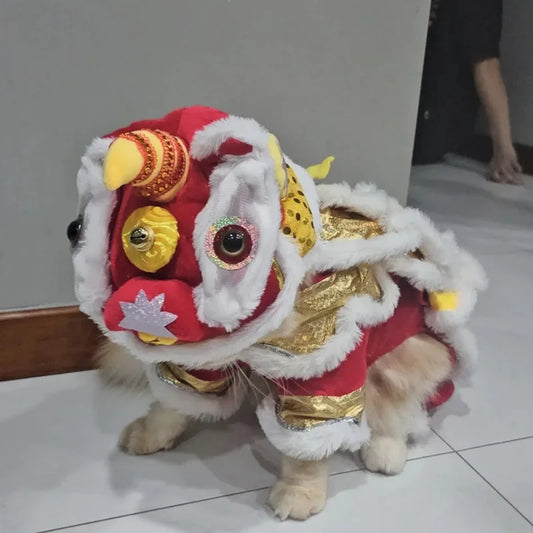 New Year Pet Costume – Chinese Dragon & Lion Dance Cosplay Outfit for Dogs & Cats, Festive Red Lucky Party Clothing for Pets.