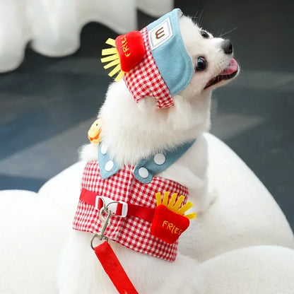 French Fries Pet Harness Set – Cute 3-Piece Outfit with Harness, Leash & Hat, Puppy Walking Traction Gear for Outdoor Use.