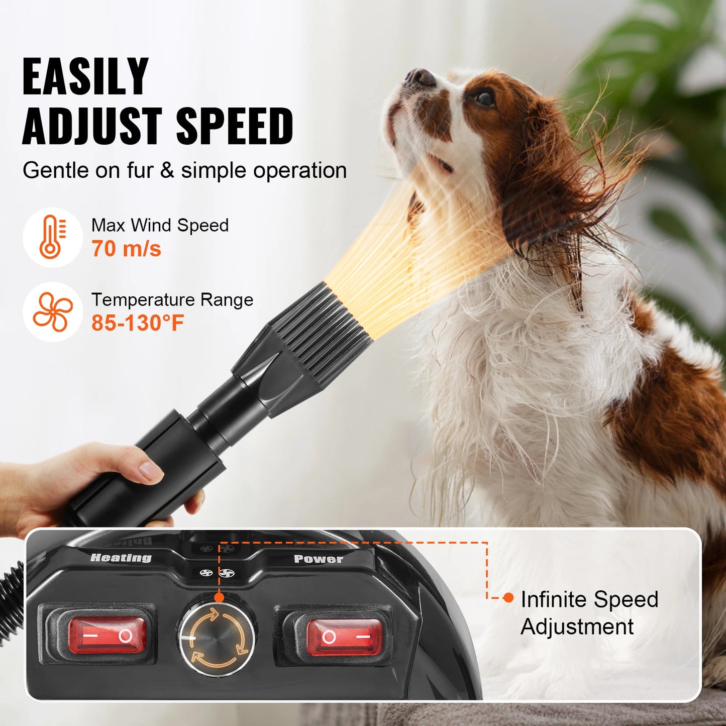 SucceBuy 2000W/2.7HP Dog Blow Dryer – Adjustable Speed & Temperature Pet Grooming Dryer with 4 Nozzles and Extendable Hose.