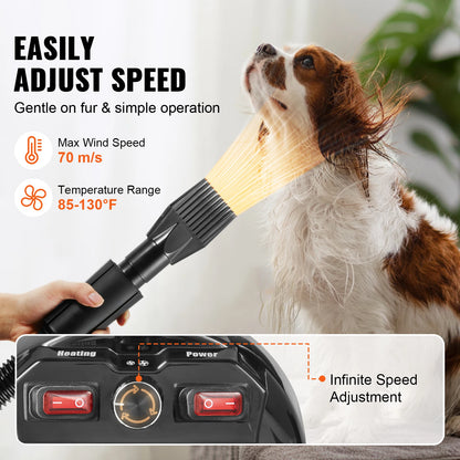 SucceBuy 2000W/2.7HP Dog Blow Dryer – Adjustable Speed & Temperature Pet Grooming Dryer with 4 Nozzles and Extendable Hose.