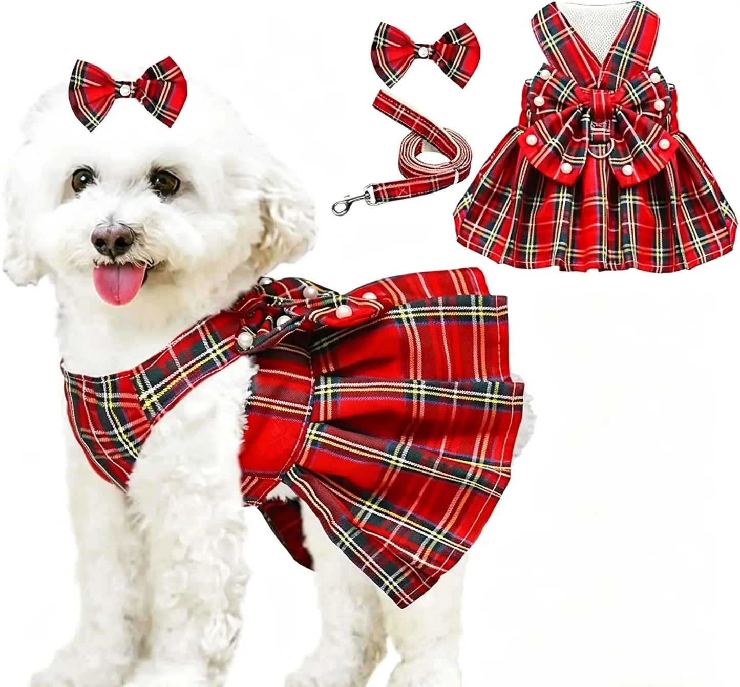 Princess Dog Dress with Bow & Pearl Belt – Cute Checkered Spring & Summer Outfit for Small Girl Dogs, Perfect for Birthdays & Special Occasions.