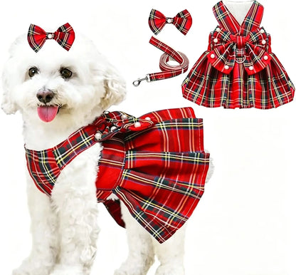 Princess Dog Dress with Bow & Pearl Belt – Cute Checkered Spring & Summer Outfit for Small Girl Dogs, Perfect for Birthdays & Special Occasions.