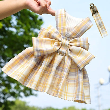 Reusable Plaid Pet Harness Dress – Adjustable Washable Dog Skirt with Leash Attachment, Lightweight Bowknot Design.