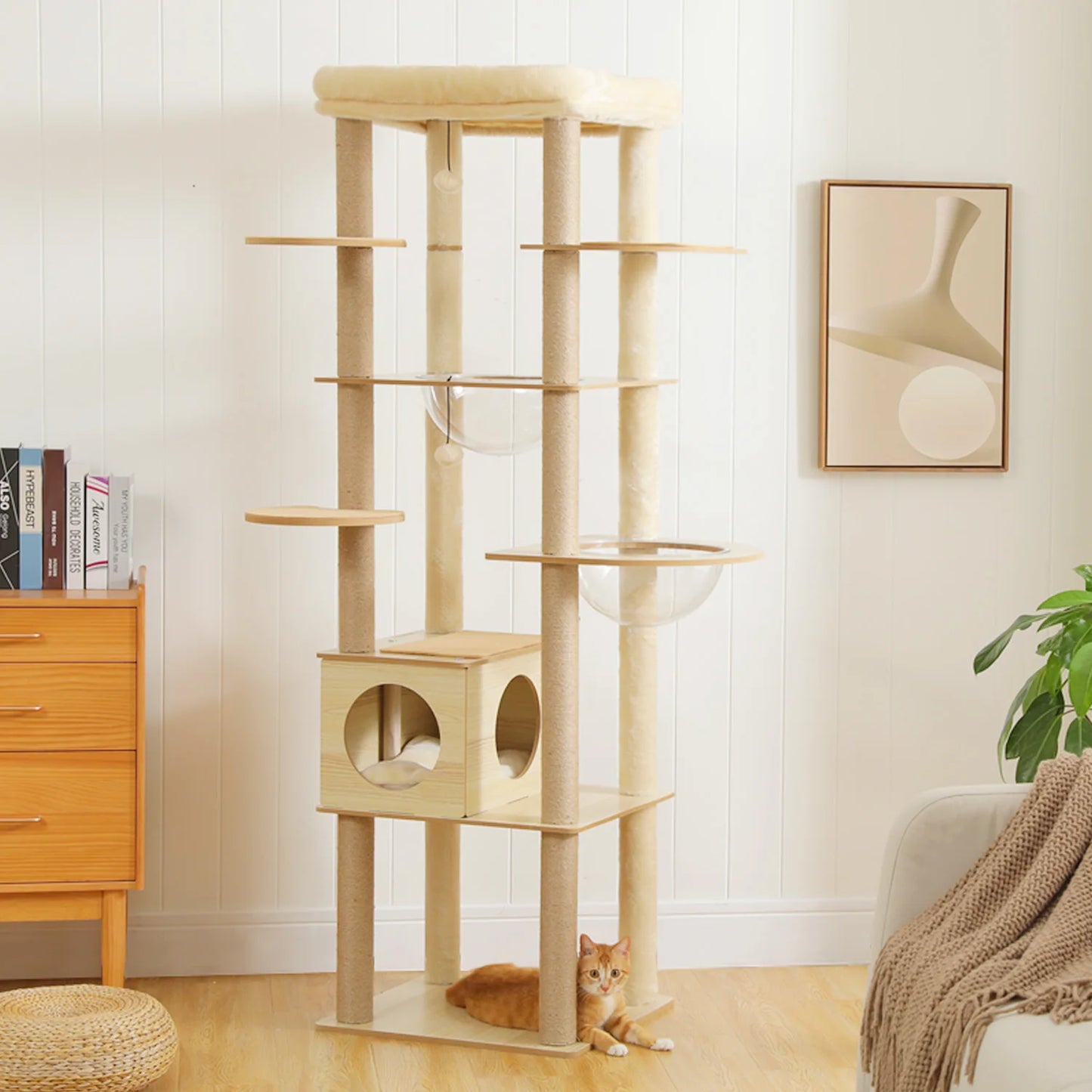 Multi-Level Wooden Cat Tree – Indoor Cat Tower with Scratching Posts, Condo, Hammock & Top Perch, Spacious Cat Scratcher & Play Center.
