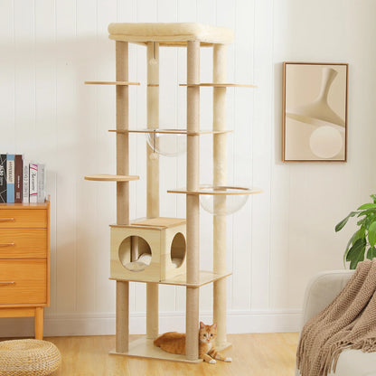 Multi-Level Wooden Cat Tree – Indoor Cat Tower with Scratching Posts, Condo, Hammock & Top Perch, Spacious Cat Scratcher & Play Center.