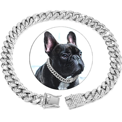 Diamond Cuban Link Pet Collar – Stylish Metal Chain Walking Collar with Secure Buckle for Dogs & Cats, Luxury Jewelry Accessory.