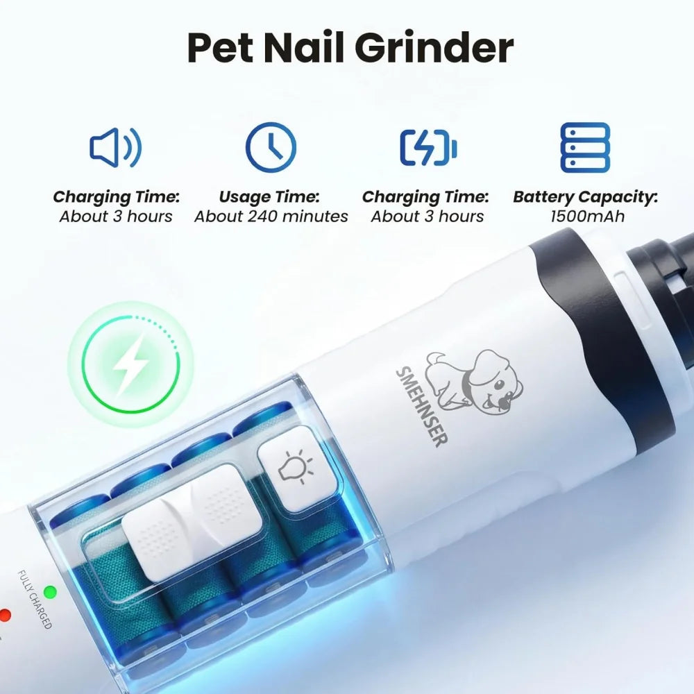 USB Rechargeable Pet Nail Grinder & Clipper – Quiet Dog & Cat Nail Trimmer with LED Light for Safe and Easy Grooming.
