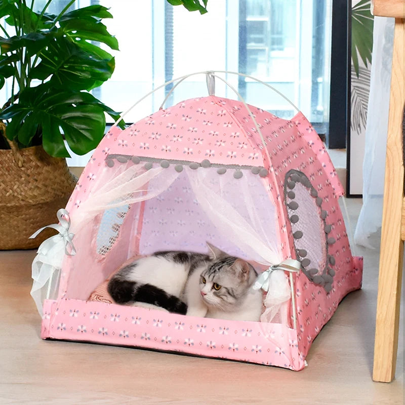 Floral Semi-Enclosed Pet Tent Bed for Cats and Small Dogs, Cozy All-Season Sleeping Nest.