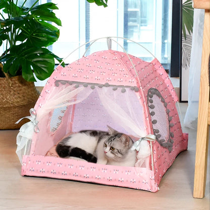 Floral Semi-Enclosed Pet Tent Bed for Cats and Small Dogs, Cozy All-Season Sleeping Nest.