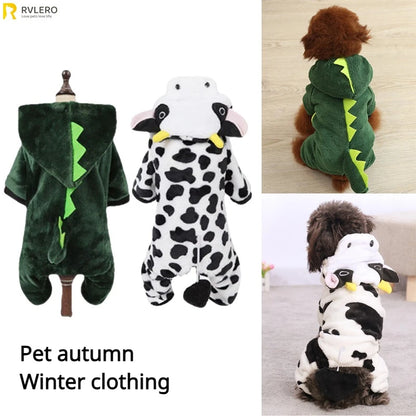 Autumn & Winter Coral Velvet Dog Outfit – Thick Warm Dinosaur or Cow Costume for Small Dogs & Puppies