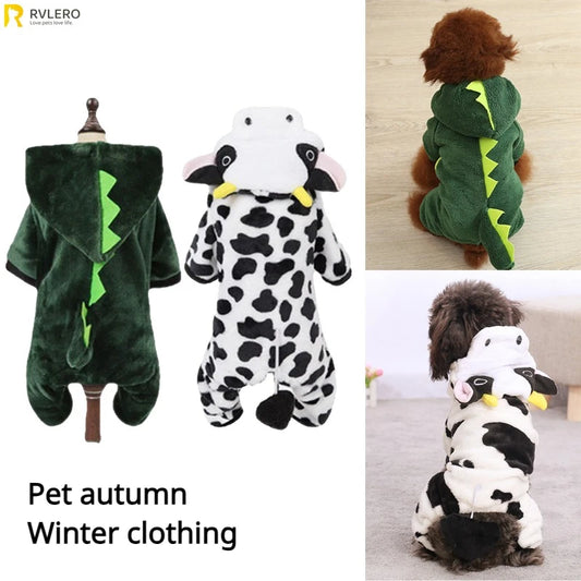 Autumn & Winter Coral Velvet Dog Outfit – Thick Warm Dinosaur or Cow Costume for Small Dogs & Puppies