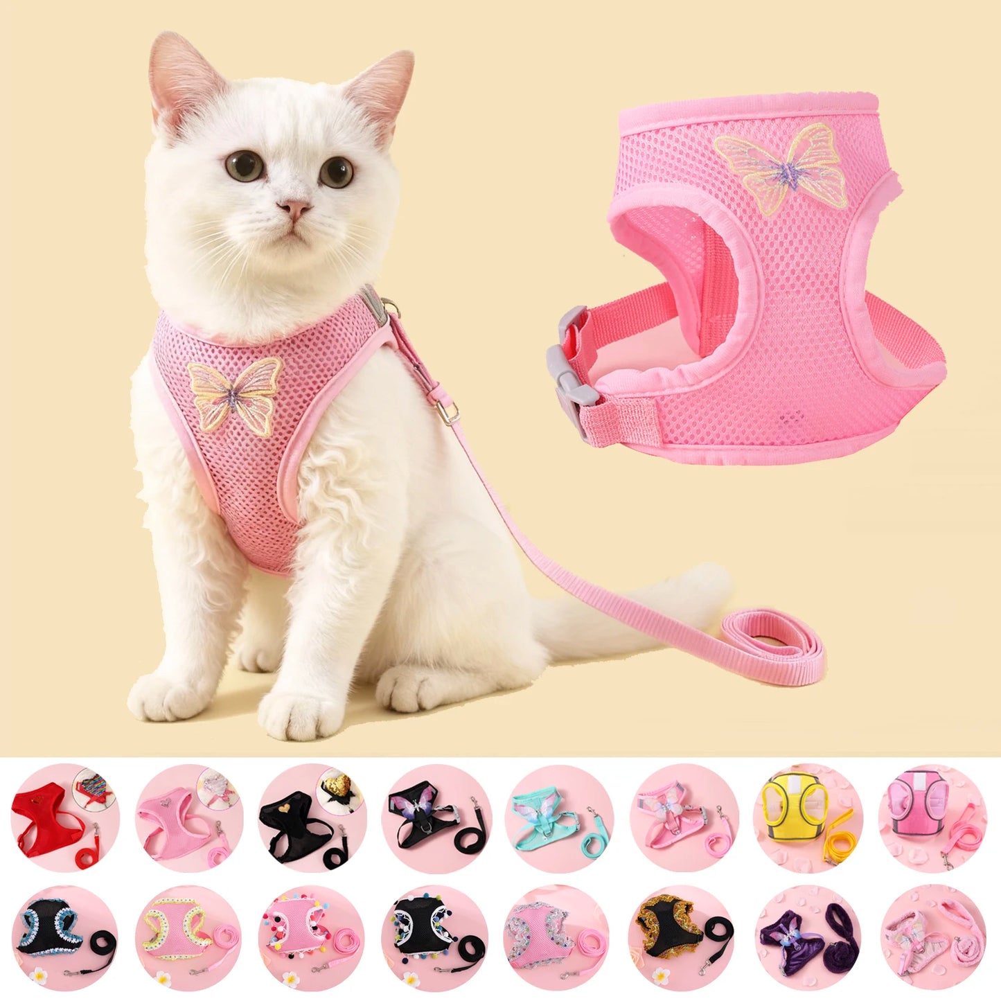 Adjustable Cat Harness & Leash Set – Breathable Comfortable Vest Harness for Cats & Small to Medium Dogs, Cute Walking Accessory.