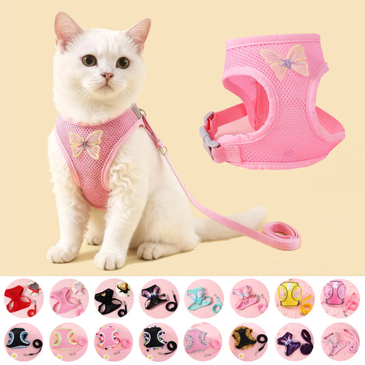 Adjustable Cat Harness & Leash Set – Breathable Comfortable Vest Harness for Cats & Small to Medium Dogs, Cute Walking Accessory.