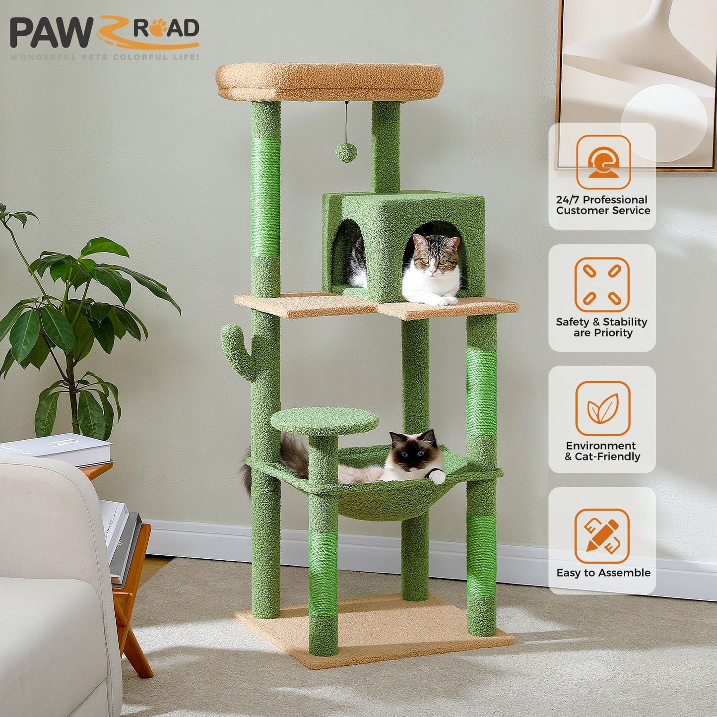 Cactus Cat Tree Tower – Large Indoor Cat Furniture with Metal Plush Hammock, 2-Door Condo House & Spacious Top Perch for Cats.