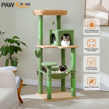 Cactus Cat Tree Tower – Large Indoor Cat Furniture with Metal Plush Hammock, 2-Door Condo House & Spacious Top Perch for Cats.