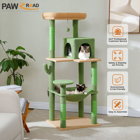 Cactus Cat Tree Tower – Large Indoor Cat Furniture with Metal Plush Hammock, 2-Door Condo House & Spacious Top Perch for Cats.