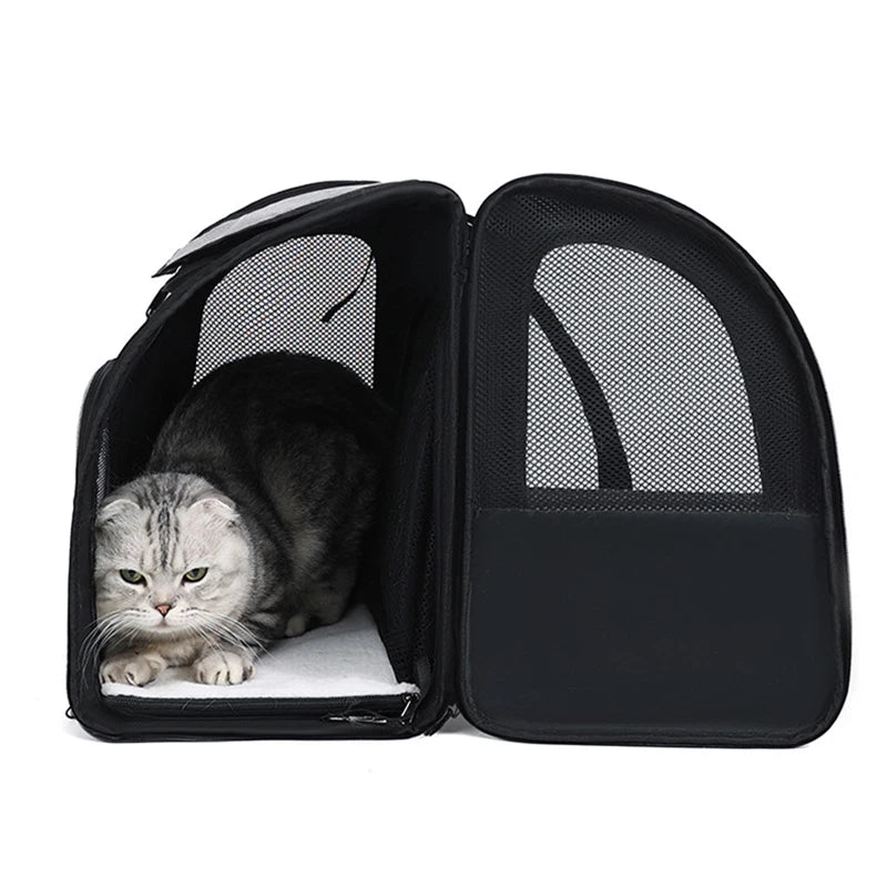 Expandable Cat Carrier Backpack – Breathable Mesh Pet Travel Bag with Shade Cover for Hiking, Camping & Outdoor Adventures.