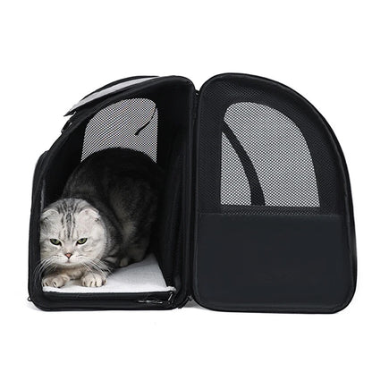 Expandable Cat Carrier Backpack – Breathable Mesh Pet Travel Bag with Shade Cover for Hiking, Camping & Outdoor Adventures.