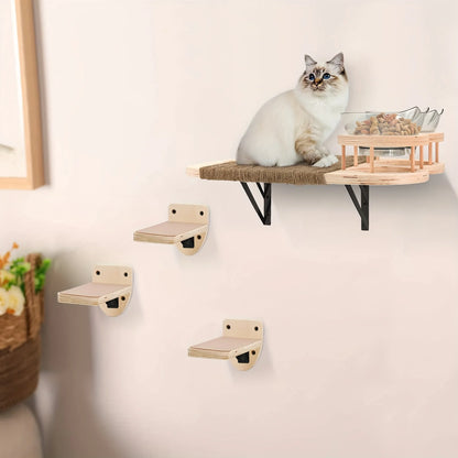 Cat Wall Shelves Set – 3-Step Climbing Shelves with Cat Hammock, Perches, Plush Cove & Dual Food Shelves for Indoor Cats.