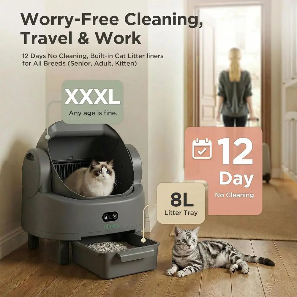 Open-Top Self-Cleaning Litter Box – Automatic Cat Litter Box for Multiple & Senior Cats with App Control & Safety Sensors.