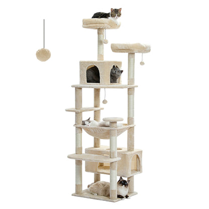 Large Indoor Cat Tree & Tower – Sisal Scratching Posts with Hammock, Padded Perches, Condos & Toys for Cats & Kittens.