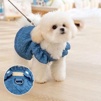 Denim Dog Dress – Blue Summer Outfit for Small Dogs & Cats, Clothing with Leash Ring & Flying Sleeves