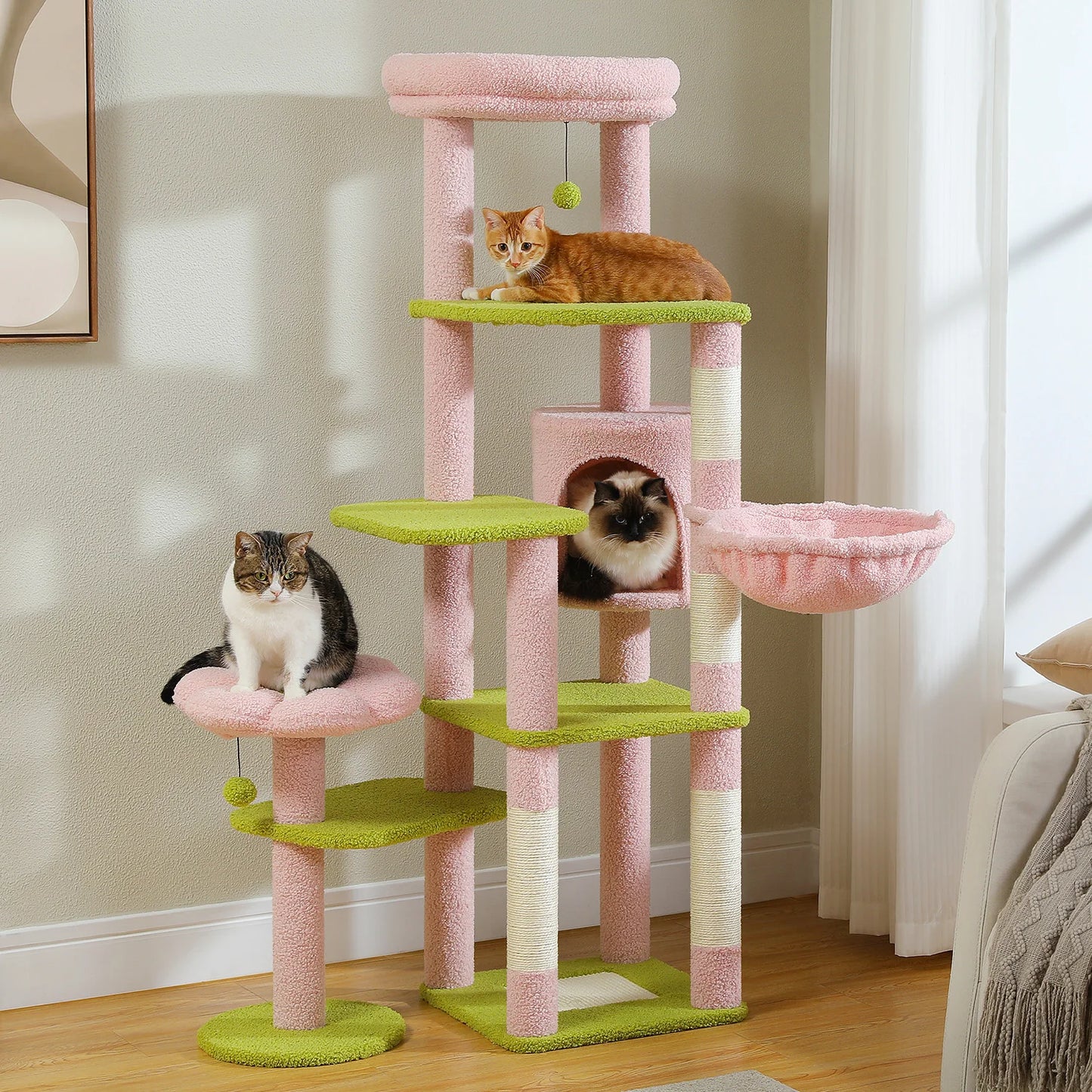 Multi-Level Cat Tree Tower – Tall Indoor Cat Condo with Scratching Posts, Hammock, Large Perches & Hanging Ball Toys for Cats.