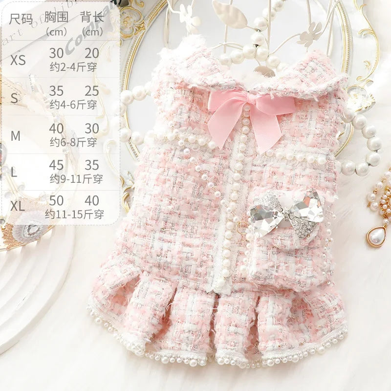 Luxury Winter Pet Princess Dress – Thickened Pink Fashion Outfit with Backpack for Dogs & Cats, Warm Christmas Clothing for Small Pets.