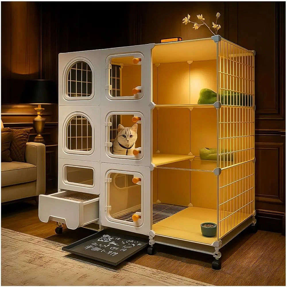 Large Indoor Cat Cage – Multi-Level Cat Enclosure with Litter Box, Bed, Bowl & Cleaning Set, Rolling Cat House with Wheels for Indoor Cats