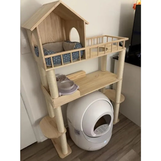 60.2-Inch Tall Modern Wood Cat Tree – Multi-Level Cat Tower Furniture with Litter Box Enclosure & Scratching Posts for Indoor Cats.