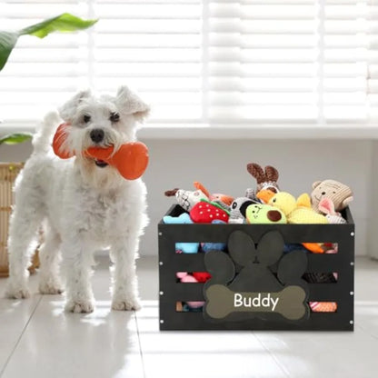 Large Wooden Dog Toy Storage Bin with Handles, Label Holder, and Paw Print Design