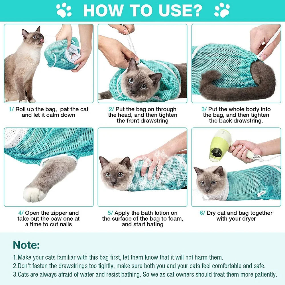 Cat Grooming Shower Bag – Adjustable Mesh Restraint Bag for Bathing, Nail Trimming & Grooming, Helps Prevent Scratching.