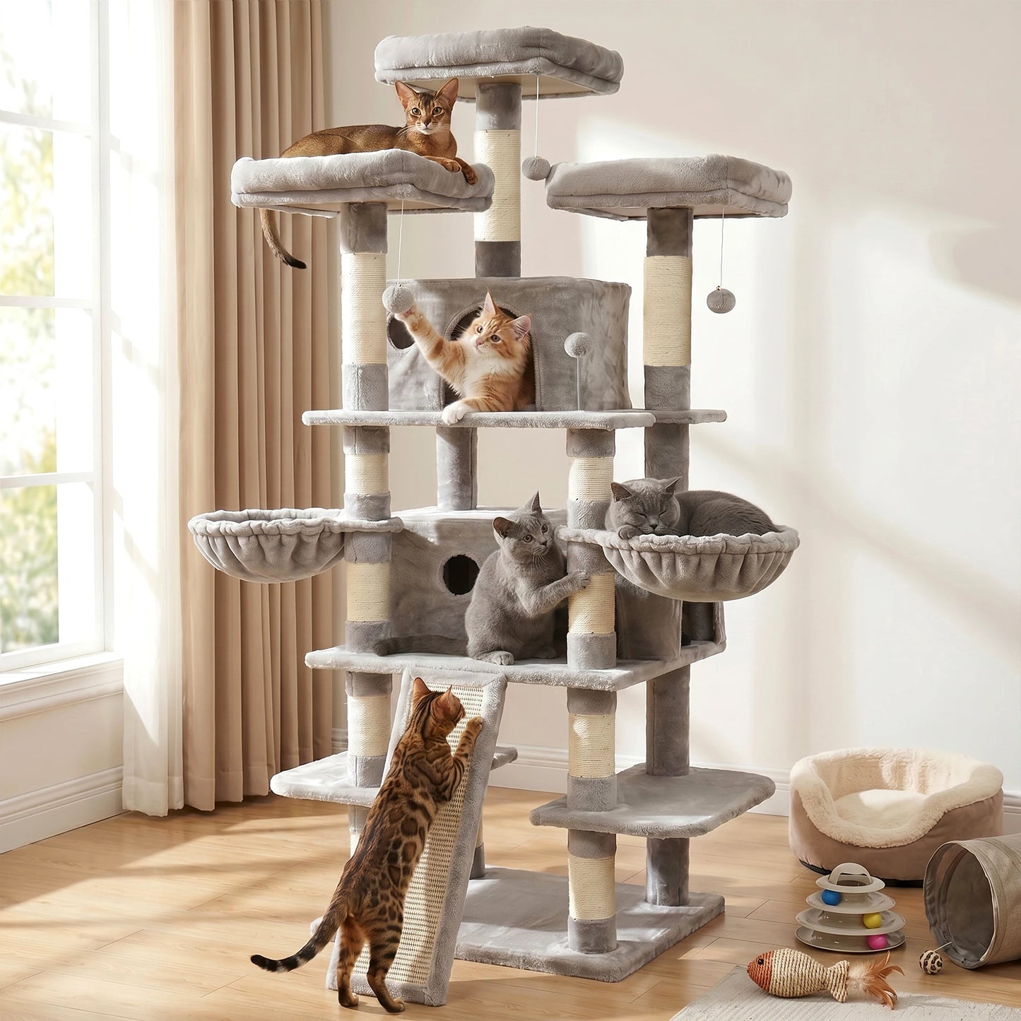 FOOWIN 173cm Multi-Level Cat Tree Tower – Indoor Activity Center with 2 Condos, 3 Plush Perches & Scratching Posts for Kittens & Cats.