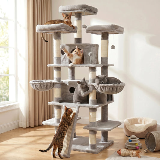 FOOWIN 173cm Multi-Level Cat Tree Tower – Indoor Activity Center with 2 Condos, 3 Plush Perches & Scratching Posts for Kittens & Cats.