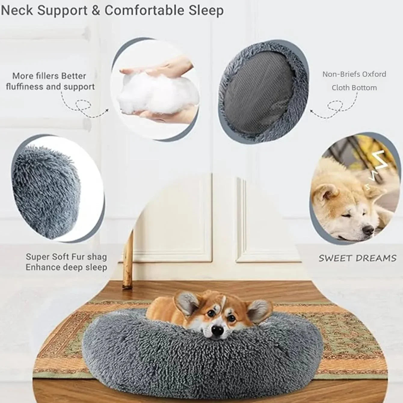 Round Plush Pet Bed – Super Soft Winter Warm Sleeping Bed for Cats & Dogs, Available in 6 Sizes (40–90cm) for Small to Large Pets.