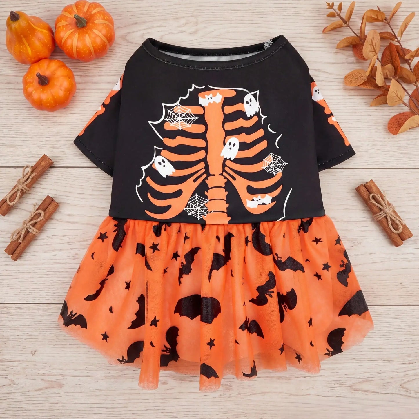Halloween Dog Tutu Dress – Orange Skeleton, Ghost, Bat & Star Print Mesh Tulle Costume for Small & Medium Girl Dogs.