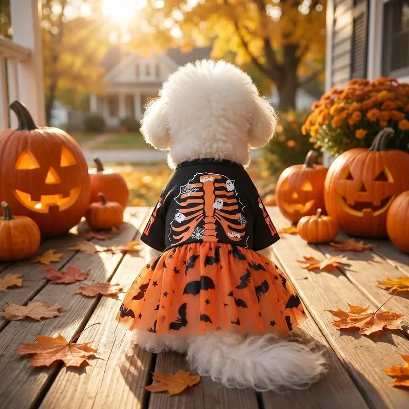 Halloween Dog Tutu Dress – Orange Skeleton, Ghost, Bat & Star Print Mesh Tulle Costume for Small & Medium Girl Dogs.