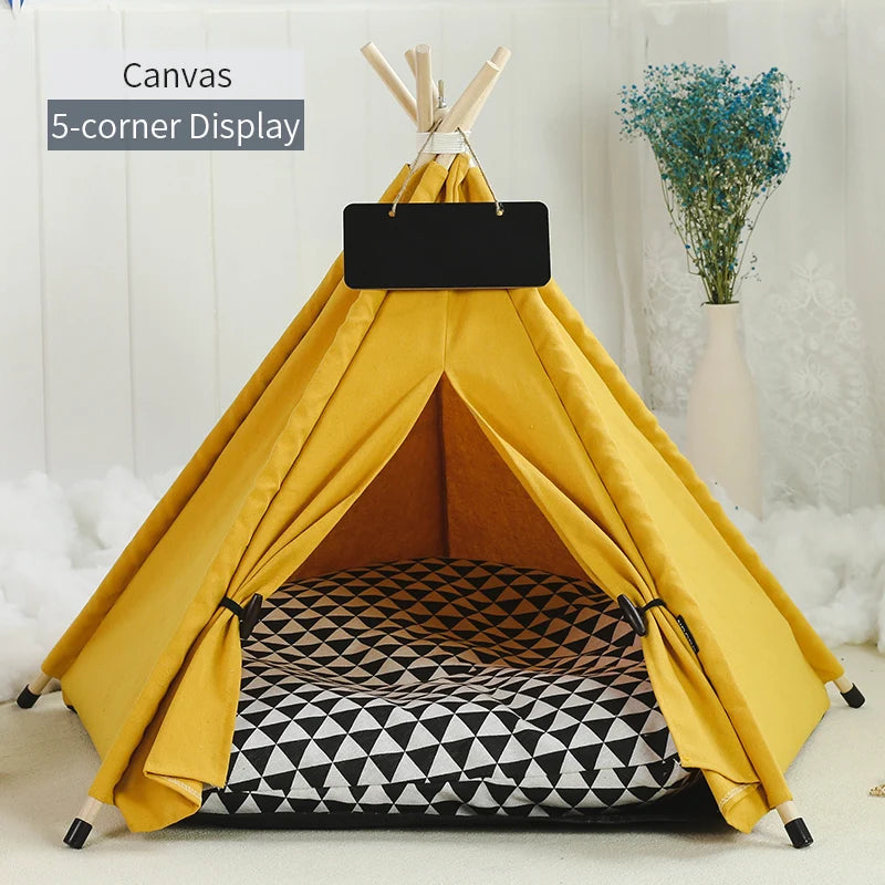 Portable Pet Teepee Tent Bed with Washable Cushion for Cats, Puppies, and Small Dogs.