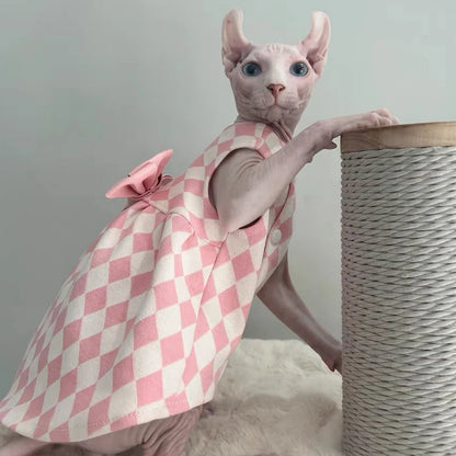Luxury Bowknot Dress for Sphynx Cats – Sleeveless Pink Skirt Vest for Female Cats, Sweet Spring Pet Outfit.