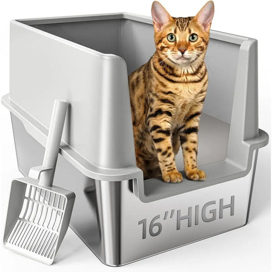 16" High-Sided Stainless Steel Litter Box with Lid – XL/XXL Extra Large Enclosed Metal Cat Litter Box for Big Cats & Kittens, Odor & Stain Resistant Design.