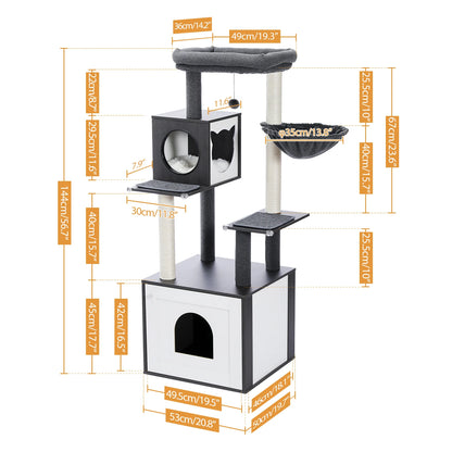 Multi-Level Wooden Cat Tree – Indoor Cat Tower with Scratching Posts, Condo, Hammock & Top Perch, Spacious Cat Scratcher & Play Center.