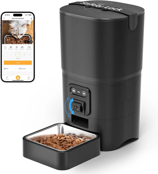 Automatic Cat Feeder with Camera – WiFi-Enabled, Two-Way Audio, Adjustable Angle, Easy-to-Clean Feeder for Cats & Small Dogs, Black.