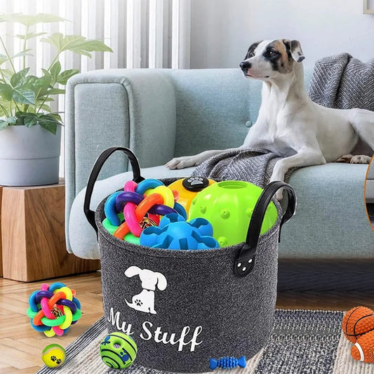Felt Pet Toy Storage Basket for Toys, Blankets, Leashes, and Food.