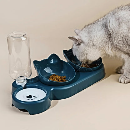 3-in-1 Tilted Pet Bowl Set – Cat Food & Water Feeder with Gravity Water Bottle, Ear-Shaped Design for Comfortable Neck Protection.